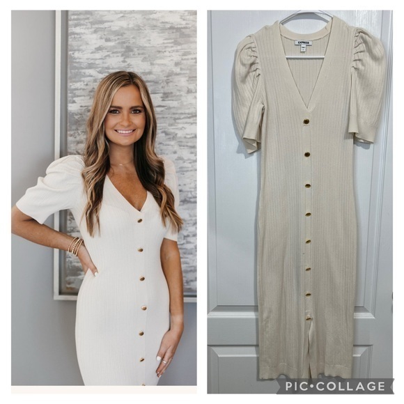 Express Dresses & Skirts - Express knit bodycon short sleeves puffer color cream midi dress size M